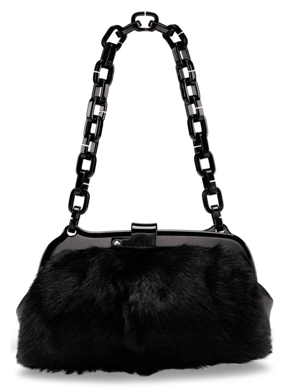 Unbranded Black real Fur & Patent Leather Shoulder Bag with Chain Strap - Picture 3 of 15